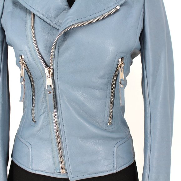 Balenciaga Leather Jacket Light Blue Lamb Moto Biker Silver Zip Jacket 36 Small - Picture 4 of 8